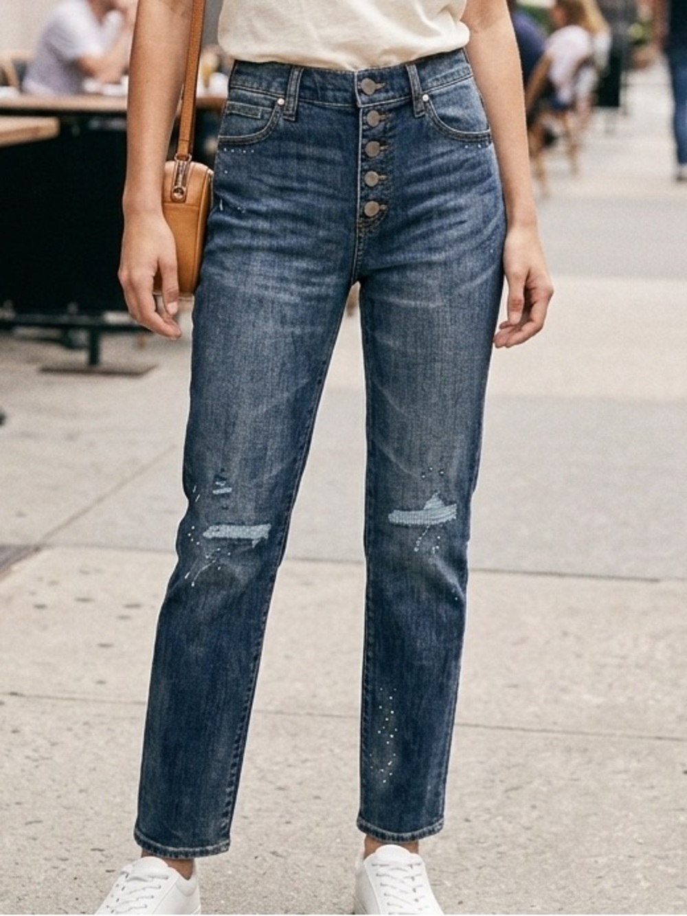 CAbi High-Rise Button-Fly Straight Jeans - Denim Blue